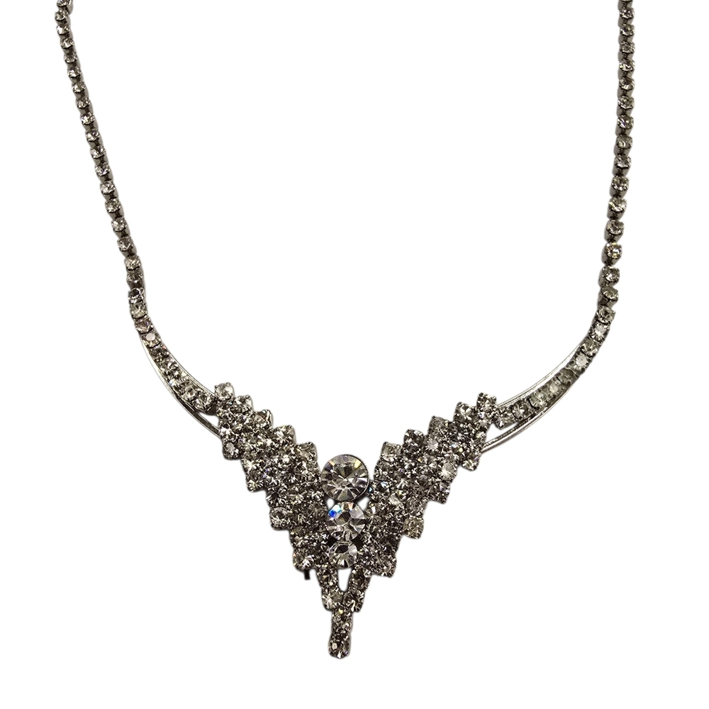 Silver Tone V Rhinestone Necklace - Picture 3 of 9